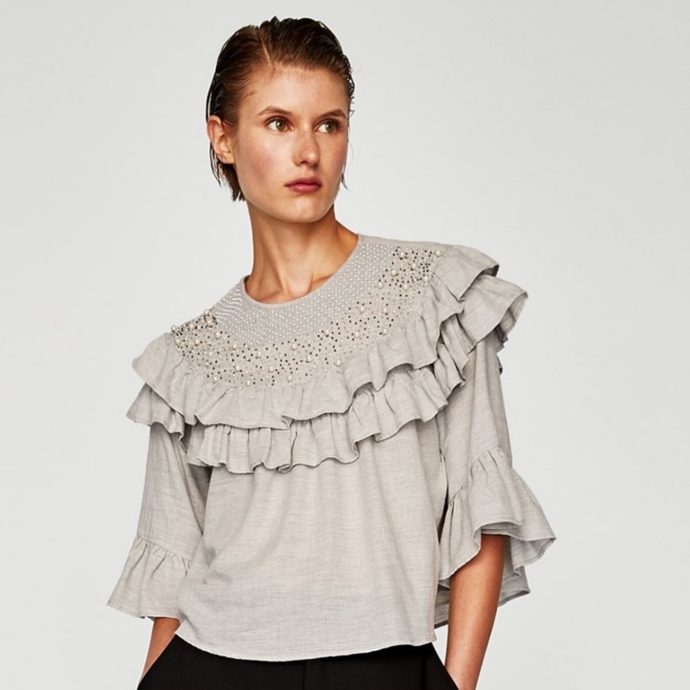 Zara Basic Collection Ruffled Top Faux Pearls Size L